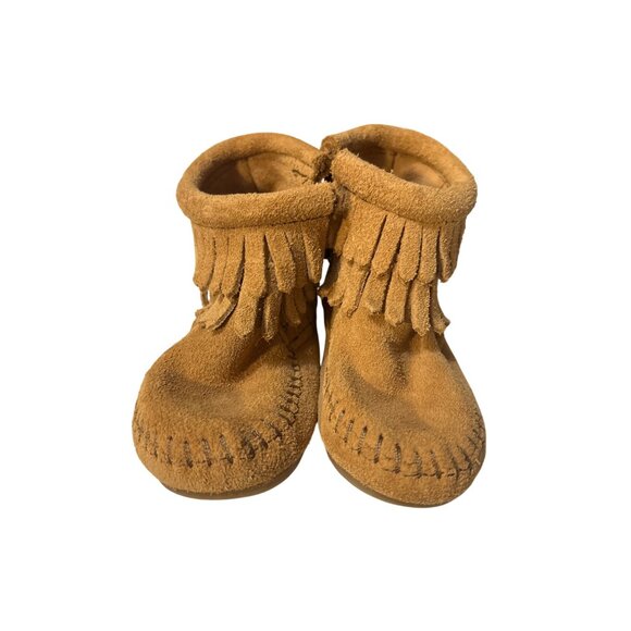 Minnetonka Baby Fringe Booties Size 4 Tan Suede Moccasins With Rubber Soles - Picture 2 of 7